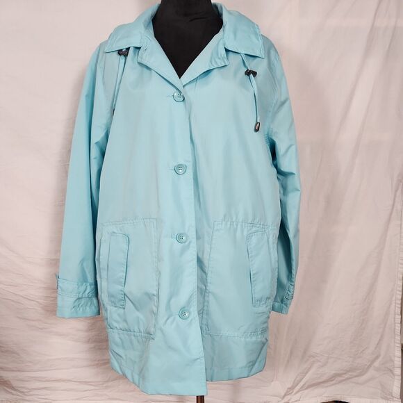 Norm Thompson Women Blue Windbreaker Lightweight Jacket Large Button Front Hood - Picture 1 of 16